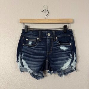 American Eagle Women's Size 2 Midi Dark Wash Distressed Frayed Hem Denim Shorts